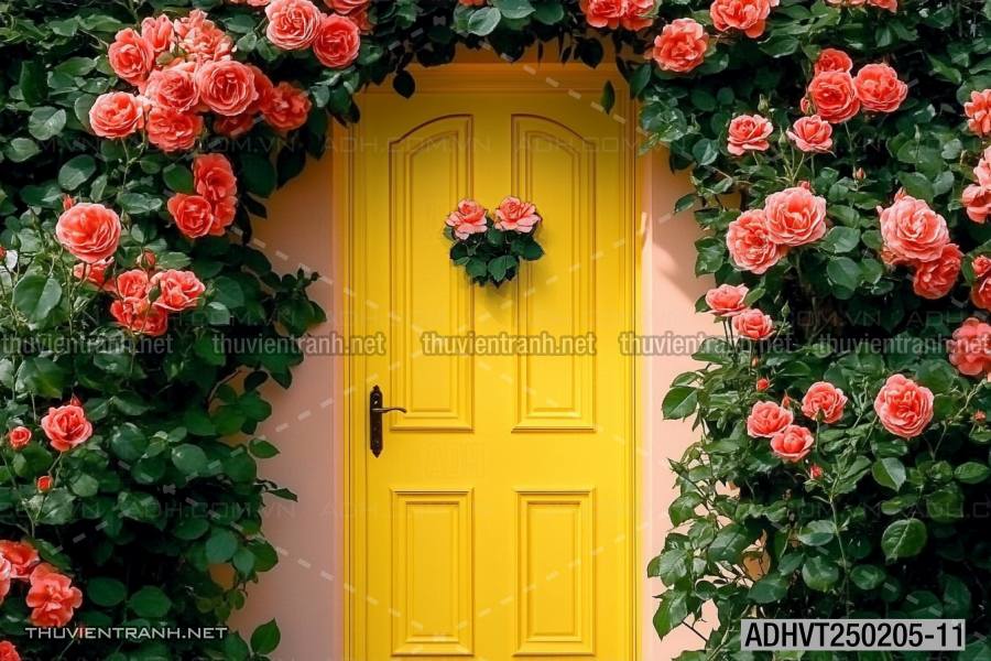  Tranh dán tường ngôi nhà xinh mộng mơ,  cửa nhà hoa leo  - Tranh tường chất lượng cao