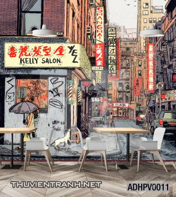 Tranh dán tường ngôi nhà phố xưa, nhà phố vintage - Tranh tường chất lượng cao