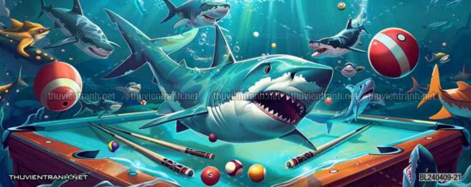 Tranh đàn Cá mập chơi bi-a - Tranh tường chất lượng cao
