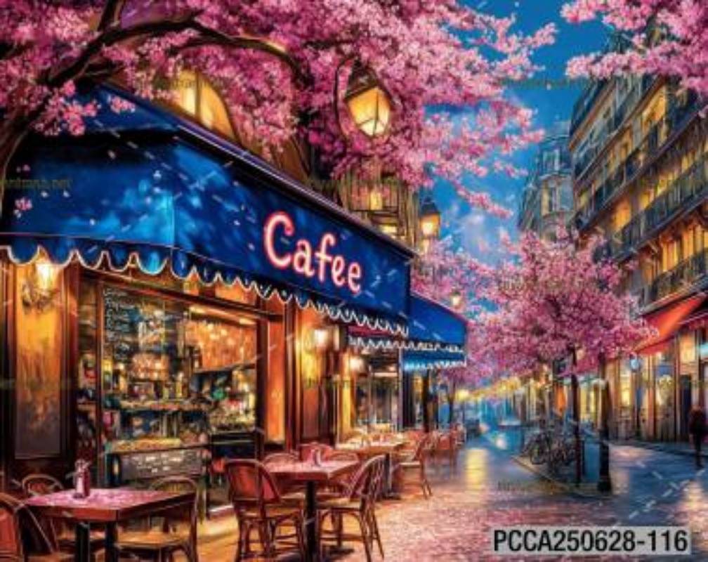 Tranh dán tường con phố xinh đẹp  châu Âu, Quán cà phê Châu Âu - Tranh tường chất lượng cao