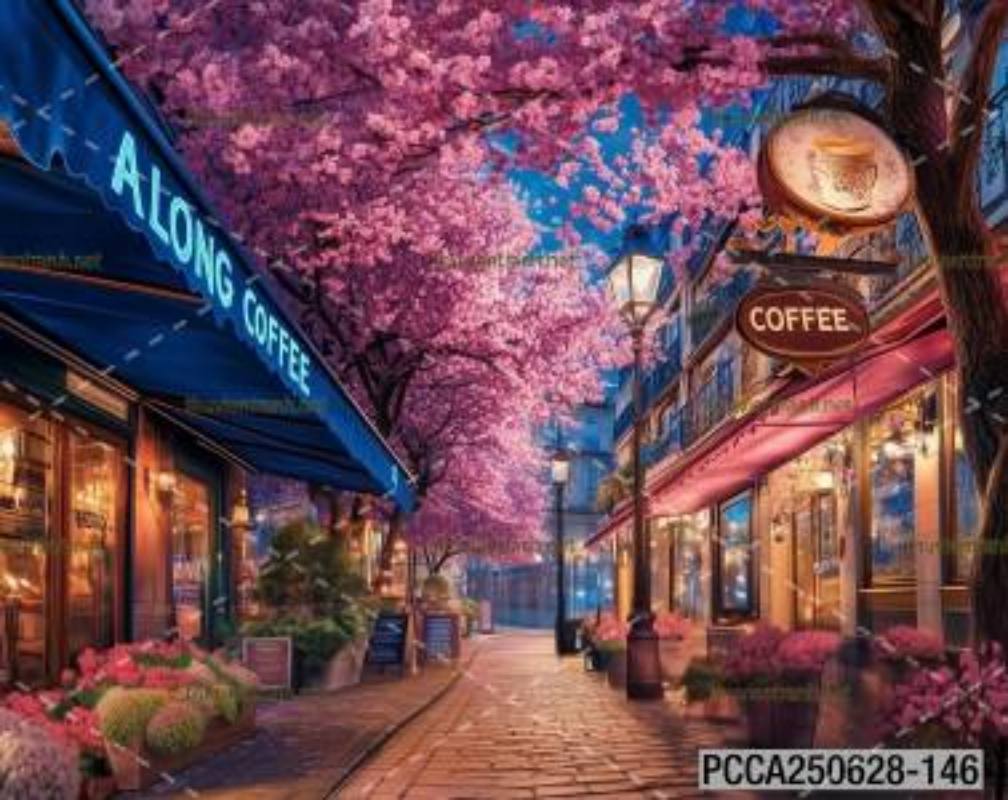 Tranh dán tường con phố xinh đẹp  châu Âu, Quán cà phê Châu Âu - Tranh tường chất lượng cao