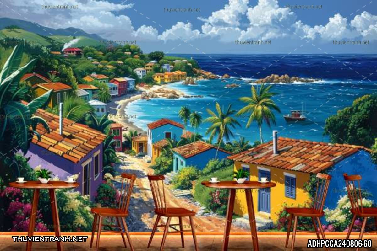 Tranh phong cảnh phố cổ Châu Âu, tranh phong cảnh thành phố ven biển Địa Trung Hải - Tranh tường chất lượng cao