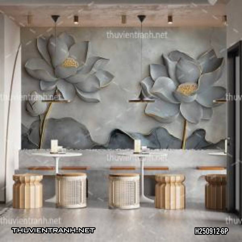 Tranh dán tường hoa đắp nổi, hoa 3D, tông màu ghi xám - Tranh tường chất lượng cao