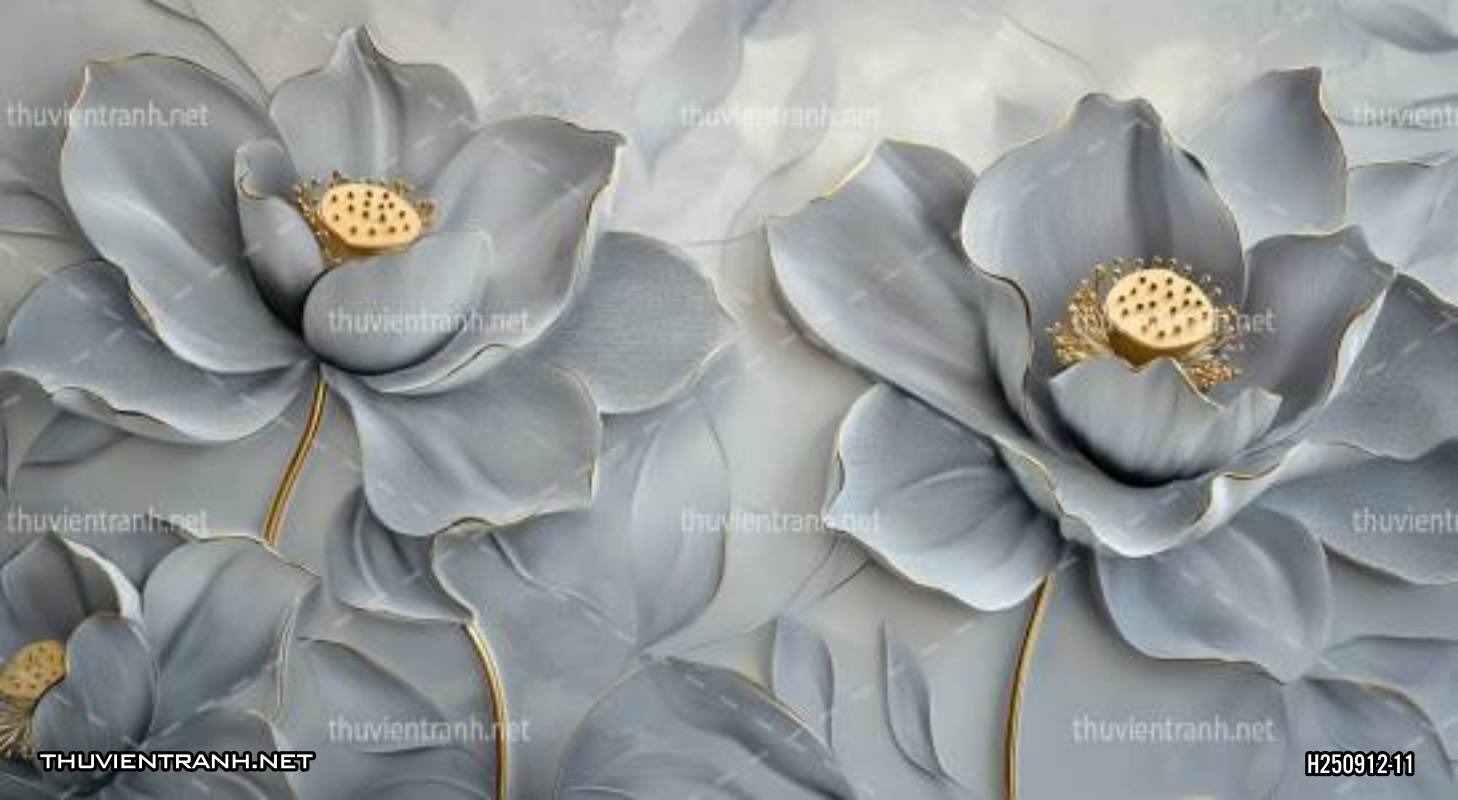 Tranh dán tường hoa đắp nổi, hoa 3D, tông màu ghi xám - Tranh tường chất lượng cao