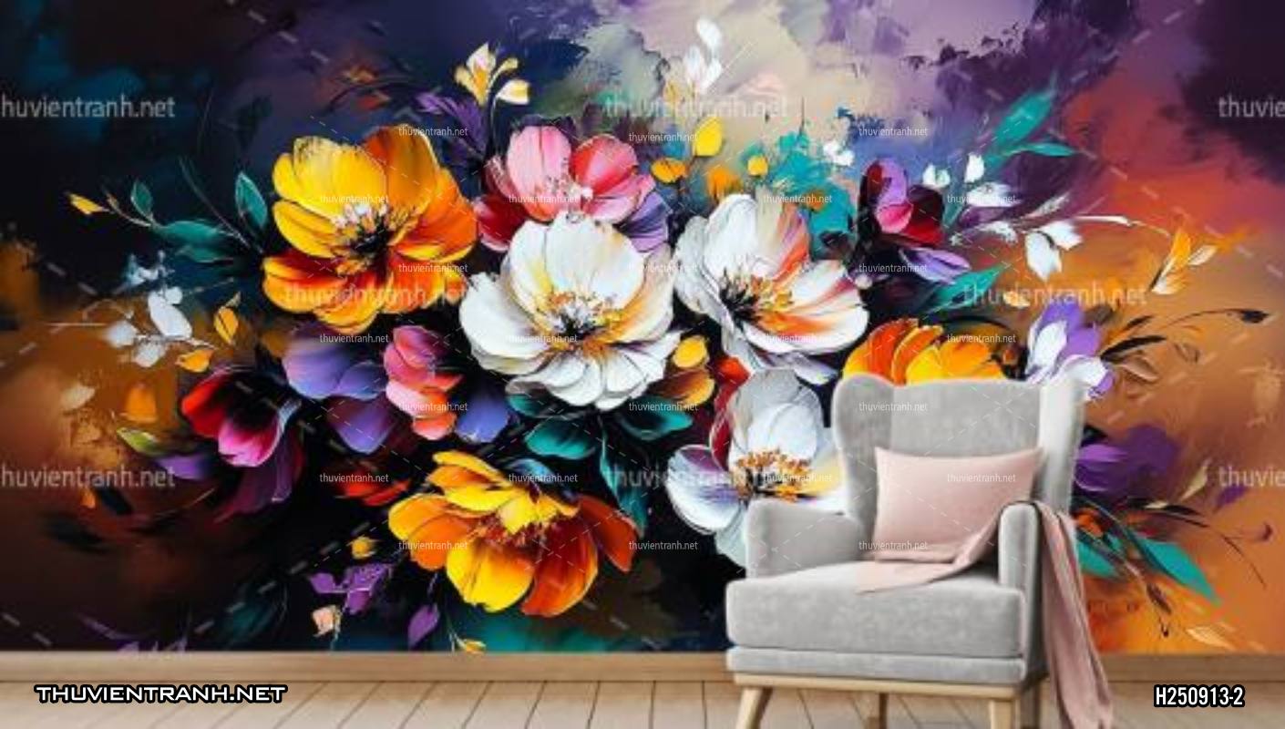  Tranh dán tường hoa nghệ thuật nhiều màu sắc, tranh hoa vẽ sơn dầu - Tranh tường chất lượng cao