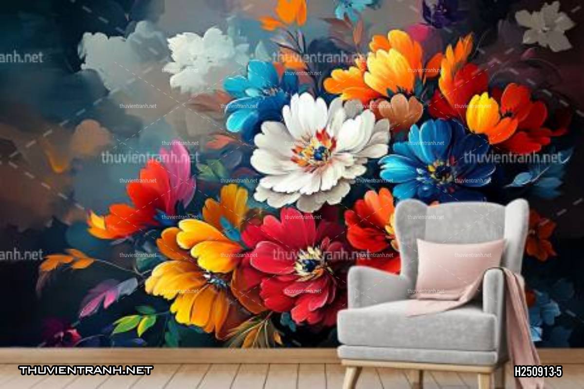  Tranh dán tường hoa nghệ thuật nhiều màu sắc, tranh hoa vẽ sơn dầu - Tranh tường chất lượng cao