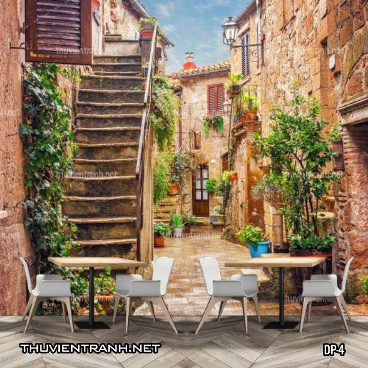 Tranh dán tường 3D phố cổ Châu Âu, đường phố Châu Âu, phong cảnh dãy phố cổ  Châu Âu - Tranh tường chất lượng cao