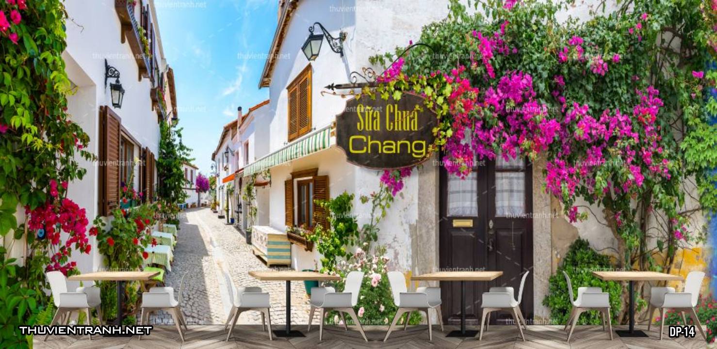 Tranh dán tường 3D phố cổ Châu Âu, đường phố Châu Âu, phong cảnh dãy phố cổ  Châu Âu - Tranh tường chất lượng cao