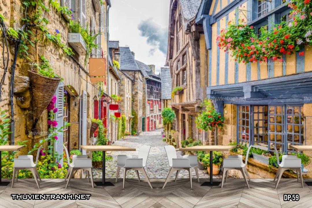 Tranh dán tường 3D phố cổ Châu Âu, đường phố Châu Âu, phong cảnh dãy phố cổ  Châu Âu - Tranh tường chất lượng cao