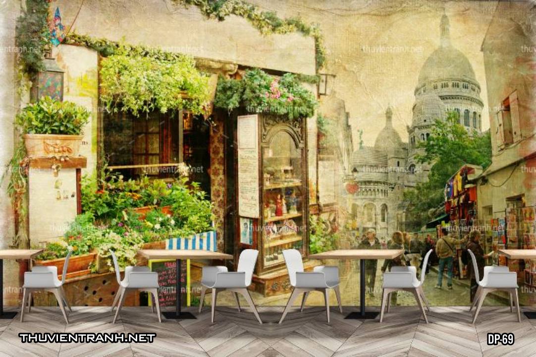  Tranh dán tường 3D phố cổ Châu Âu, đường phố Châu Âu, phong cảnh dãy phố cổ  Châu Âu - Tranh tường chất lượng cao