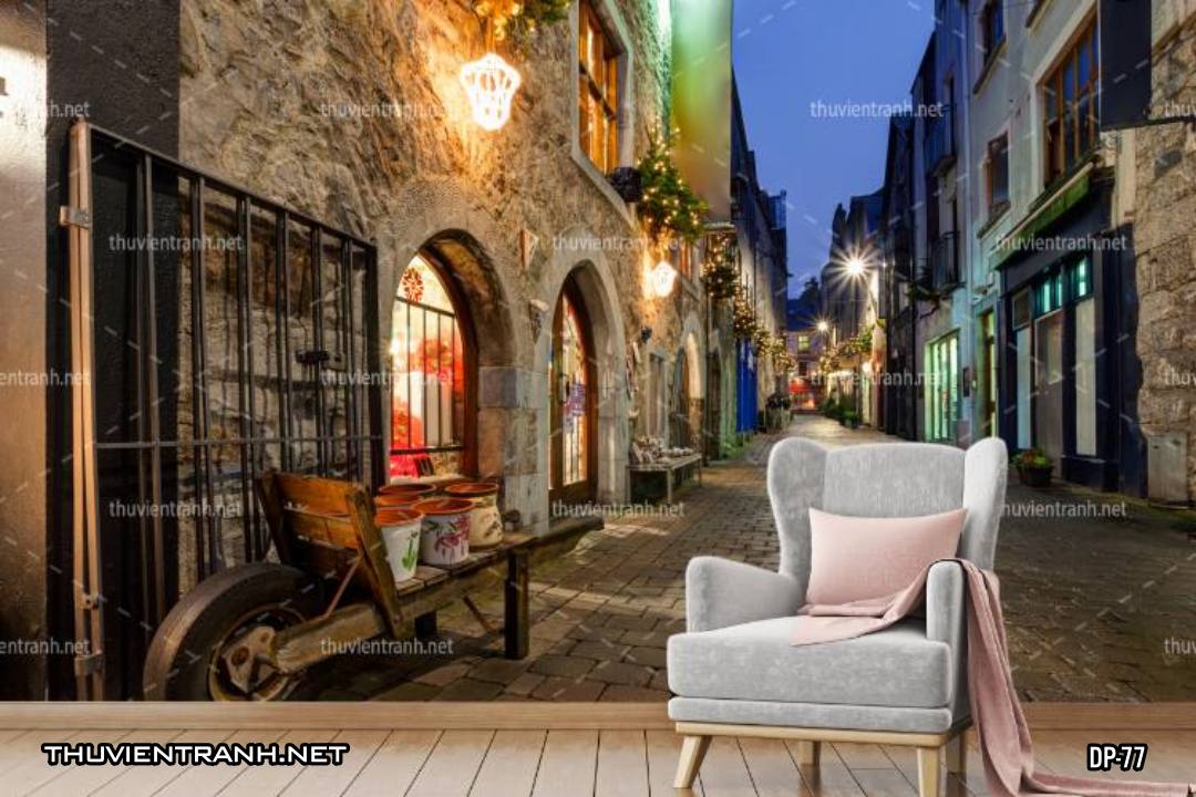  Tranh dán tường 3D phố cổ Châu Âu, đường phố Châu Âu, phong cảnh dãy phố cổ  Châu Âu - Tranh tường chất lượng cao