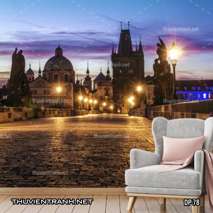  Tranh dán tường 3D phố cổ Châu Âu, đường phố Châu Âu, phong cảnh dãy phố cổ  Châu Âu - Tranh tường chất lượng cao