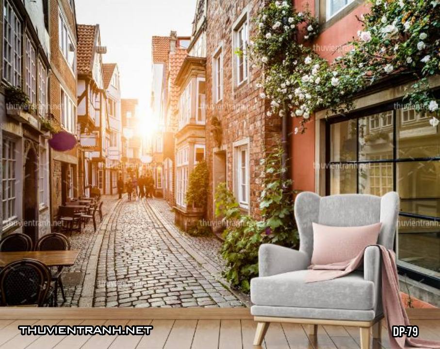  Tranh dán tường 3D phố cổ Châu Âu, đường phố Châu Âu, phong cảnh dãy phố cổ  Châu Âu - Tranh tường chất lượng cao