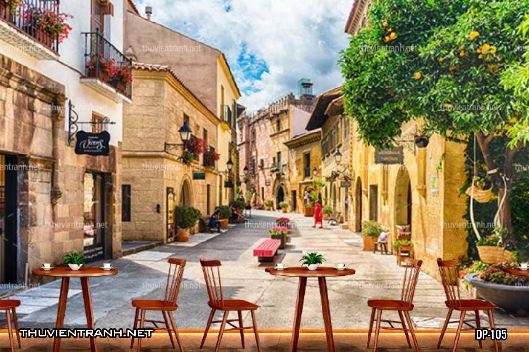  Tranh dán tường 3D phố cổ Châu Âu, đường phố Châu Âu, phong cảnh dãy phố cổ  Châu Âu - Tranh tường chất lượng cao