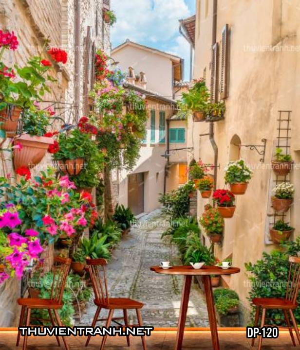  Tranh dán tường 3D phố cổ Châu Âu, đường phố Châu Âu, phong cảnh dãy phố cổ  Châu Âu - Tranh tường chất lượng cao