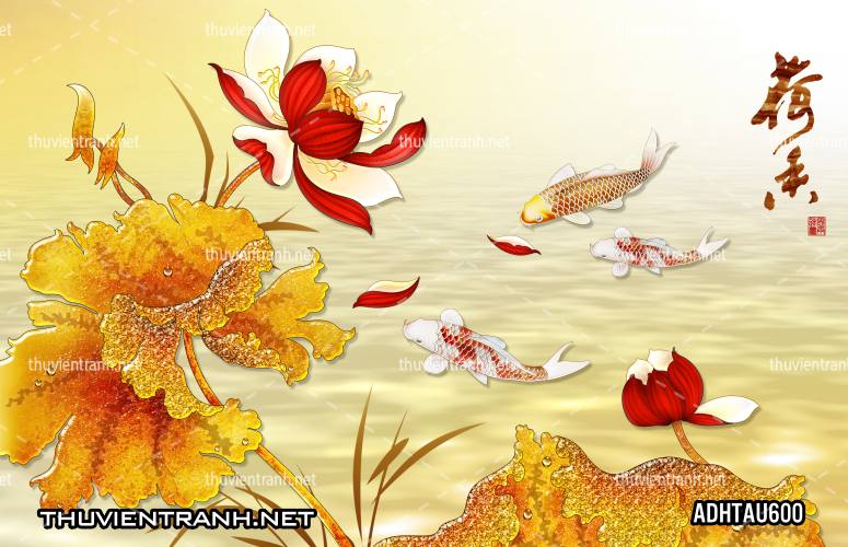 Tranh dán tường Hoa Sen Cá Chép - Tranh tường chất lượng cao