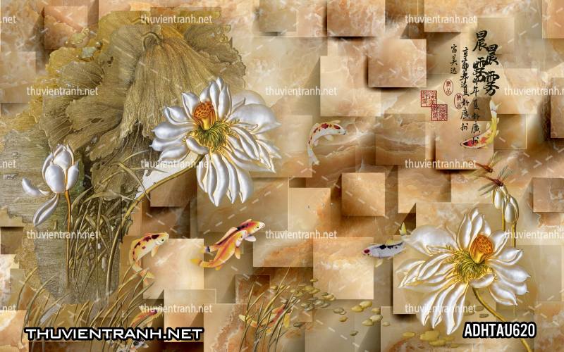Tranh dán tường Hoa Sen Cá Chép - Tranh tường chất lượng cao