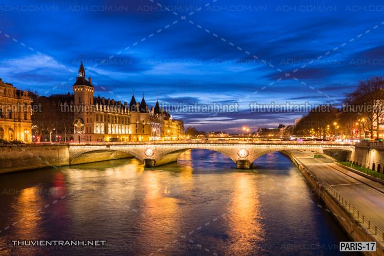 Phong Cảnh đêm trên sông Seine của Paris, đường phố và tòa nhà được chiếu sáng - Tranh tường chất lượng cao